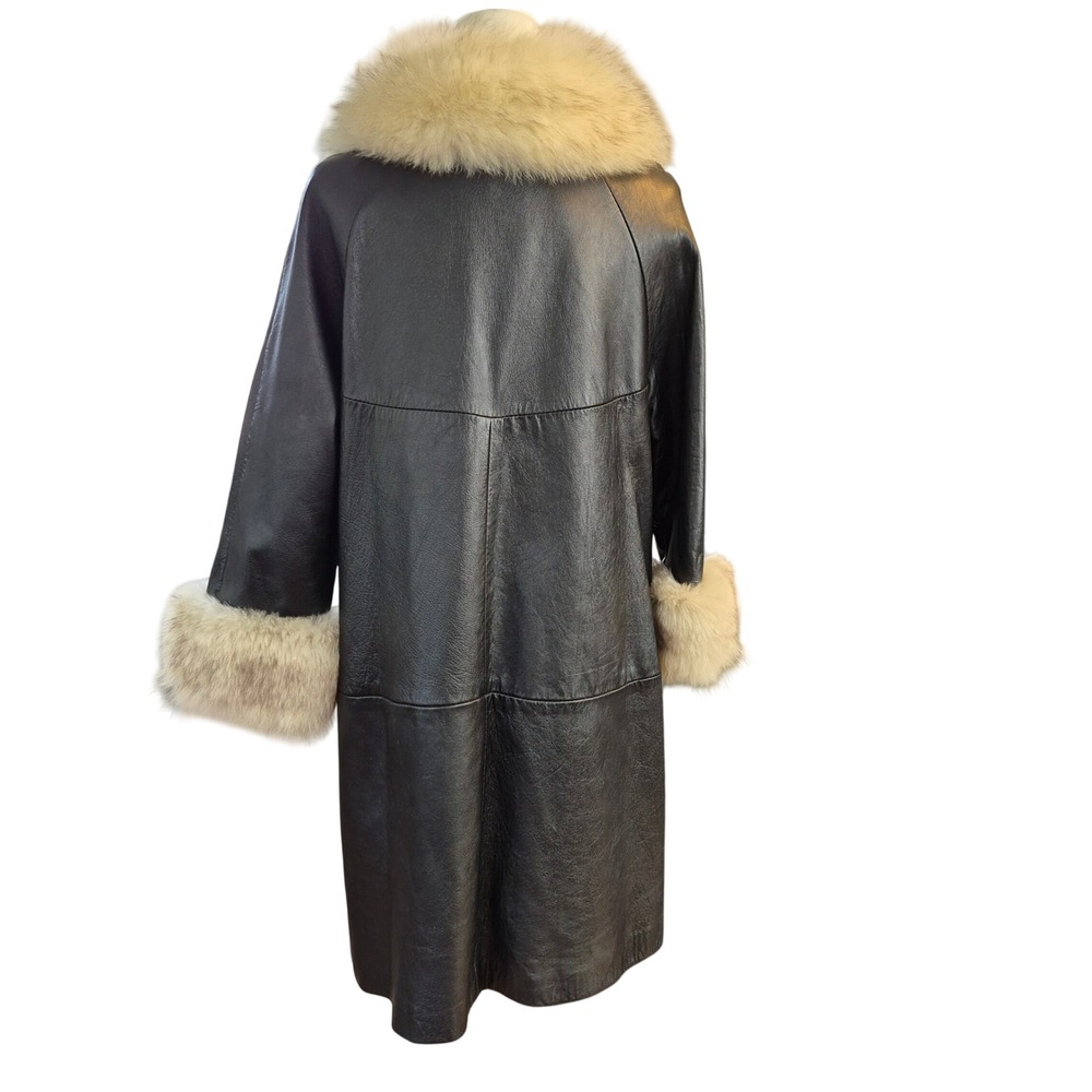 Vintage Black Leather Trench Coat Genuine Fur Collar Cuffs Size 14 Mid Length - Picture 3 of 16